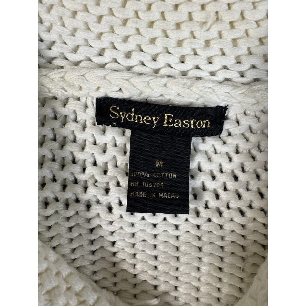Sydney Easton White Collared Full Zip Knit Cardigan Sweater M 100% Cotton Women - Picture 2 of 7